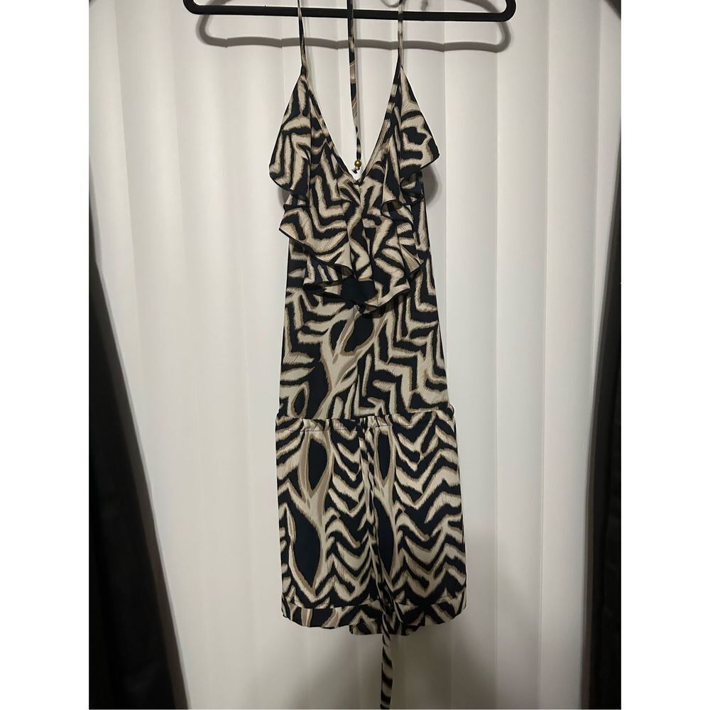 Veronicam cream/tan/black tie back, vneck, sheer romper can be used for swimsuit